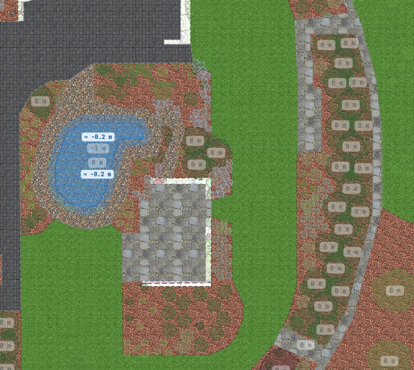 Plano 2D de un jardín visto desde arriba: pavimento oscuro, un estanque rodeado de guijarros, parterres con acolchado y marcas de plantas, césped y un camino de piedra, con las cotas indicadas