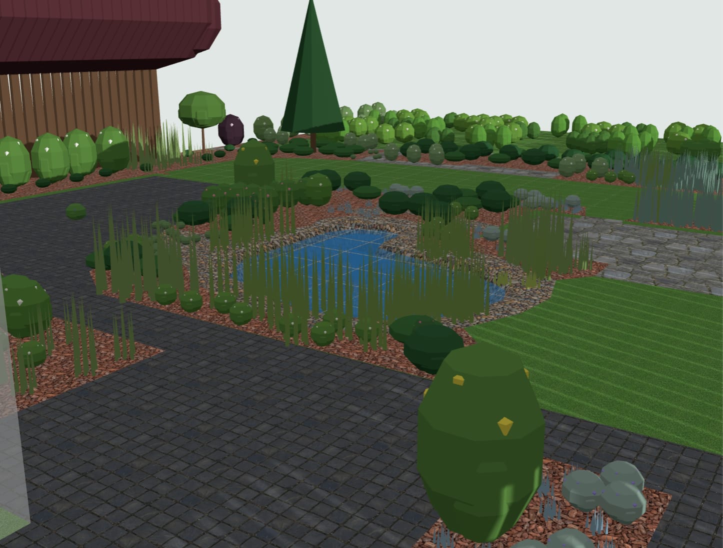 Modelo 3D del mismo jardín, generado a partir del plano y visto desde la terraza: casa revestida de madera, estanque, gramíneas, césped y pavimento de piedra